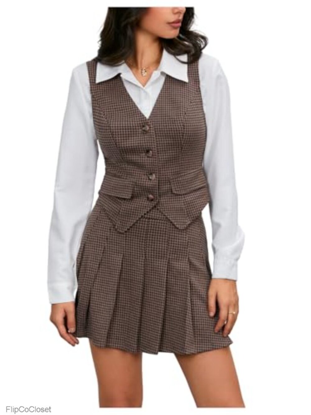 Plaid Skirt Set 2 Piece Vest Top Pleated Mini Skirt Business Casual